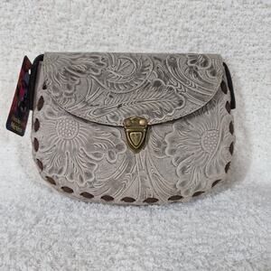 Mexican Artisanal Hand-Tooled Gray Leather Saddle Bag